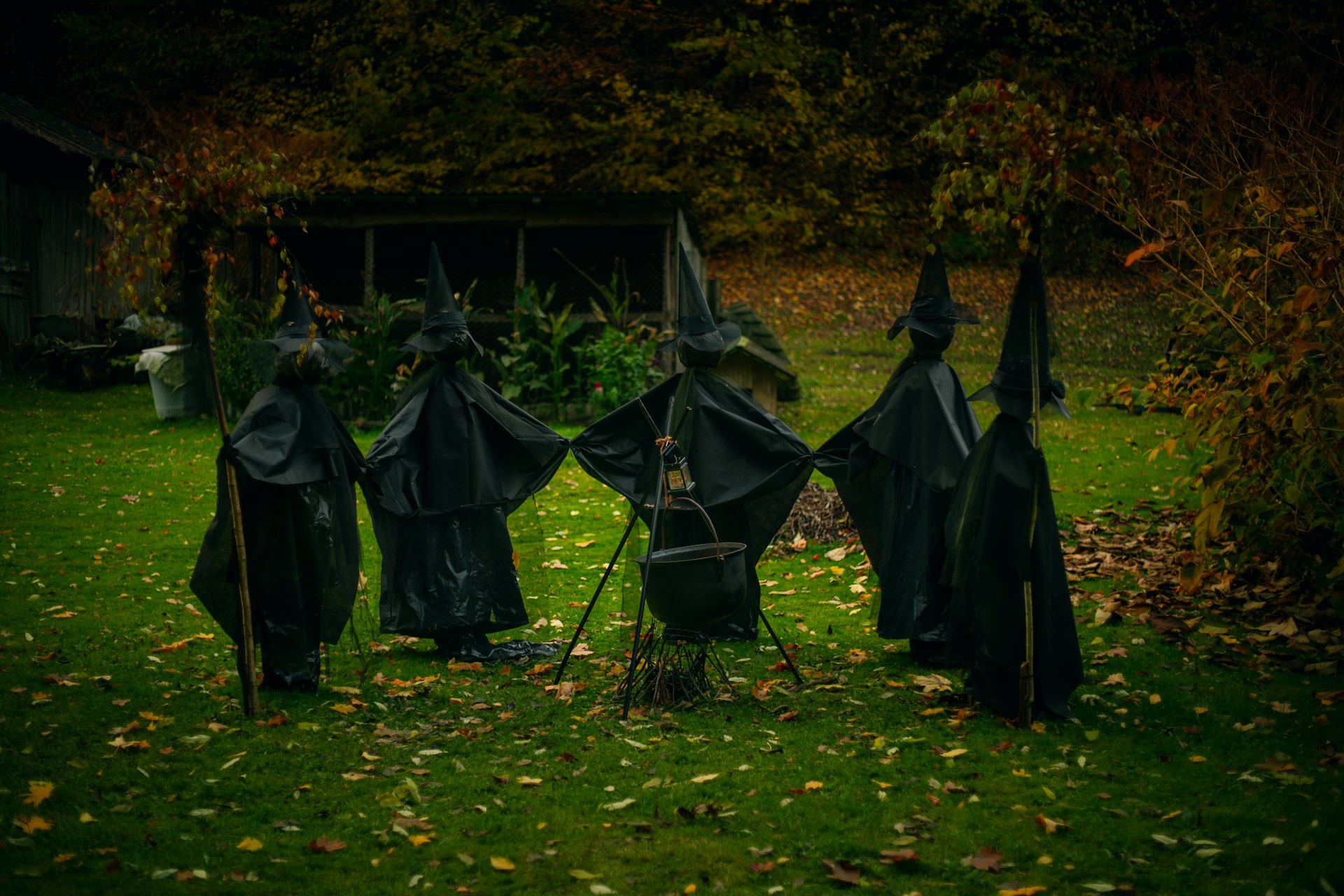 A group of black plastic bats hanging from a tree